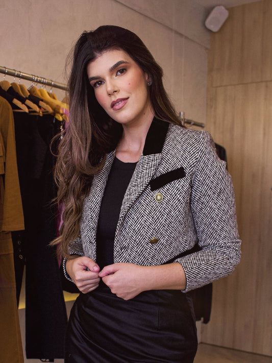 Blazer Tweed Cropped Lapela - Anthonnia Fashion & Shop